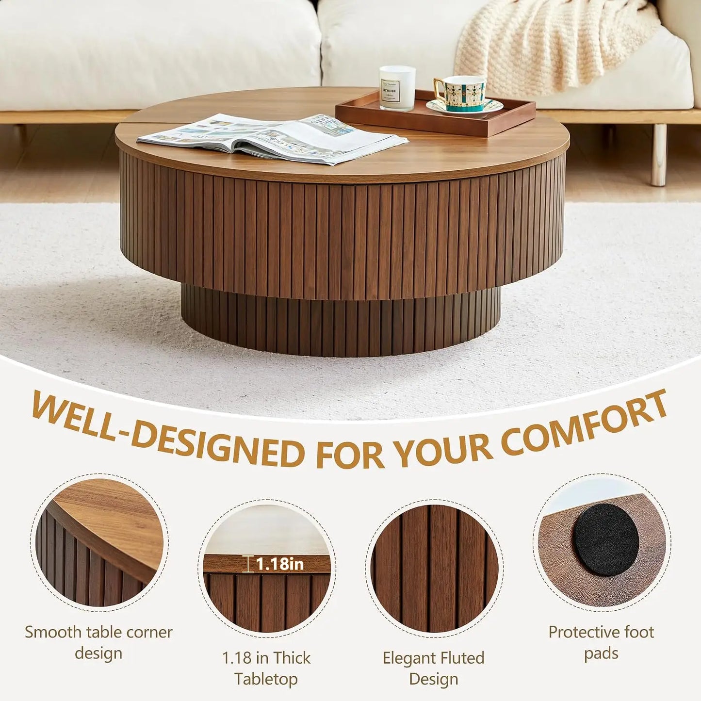 33 Inch Round Coffee Table With Lift Top