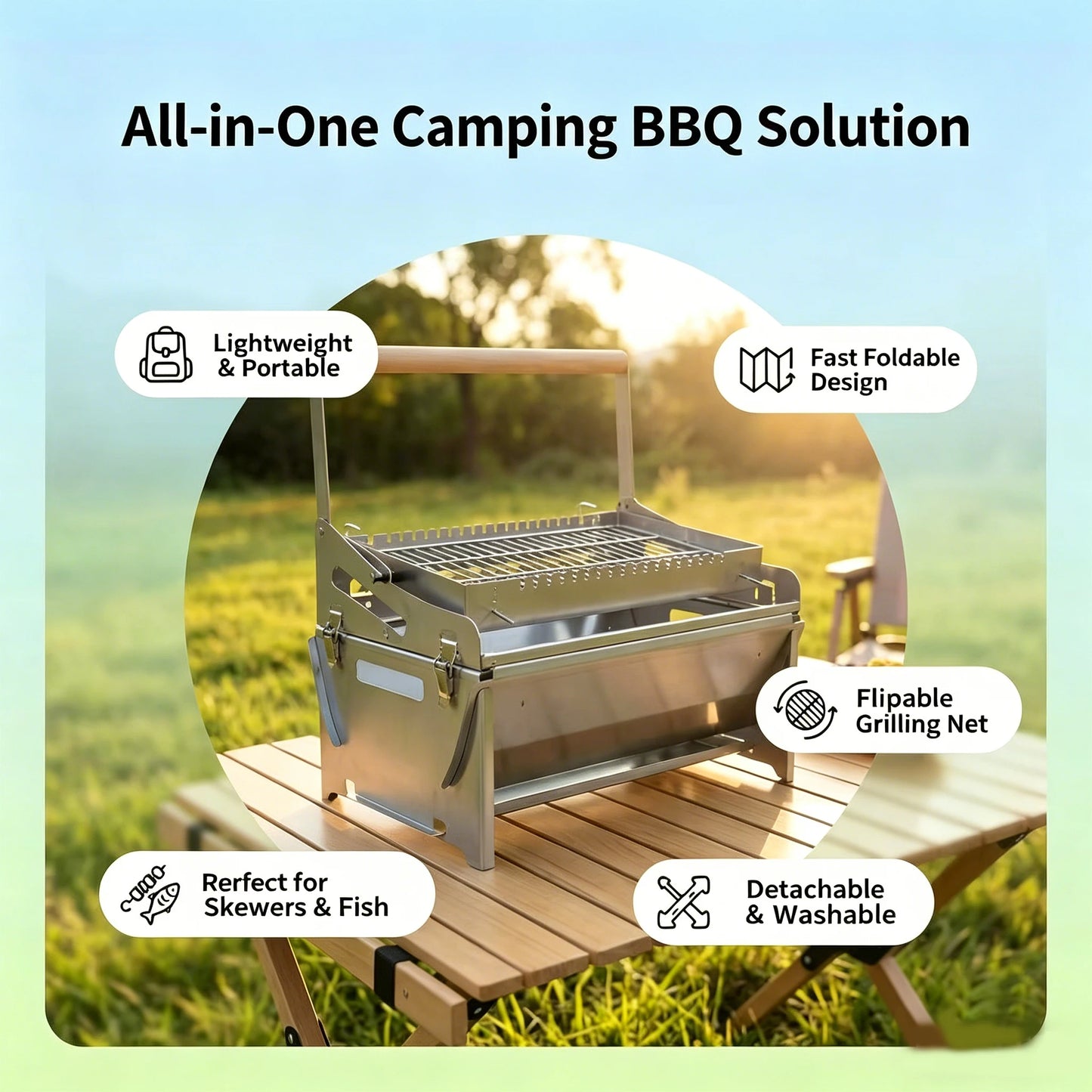Portable 360° Foldable Flip Rotating Charcoal Grill